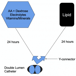 Illustration of a 2-in-1 PN procurement. A double lumen catheter has a y-connector leading to two bags: 1. amino acids, dextrose, electrolytes, vitamins and minerals; 2. Lipid.