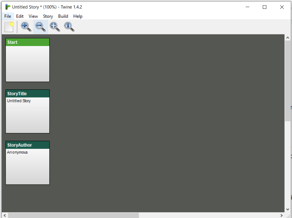 This is a picture of a twine storyboard. Small squares on a grey background read 'Start' 'StoryTitle' and 'StoryAuthor.'