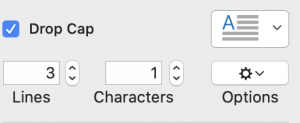 Screen cap of drop cap window configuration in Pages