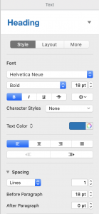 Headings window screen cap in Pages app