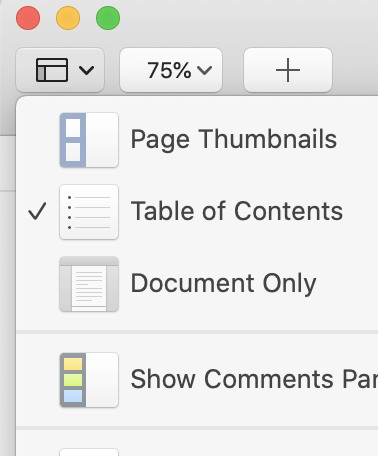 Screen cap of view mode options in Pages app, including Table of Contents