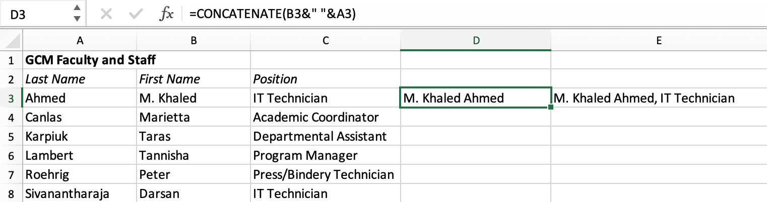 Screen capture of an Excel table containing the Concatenate function