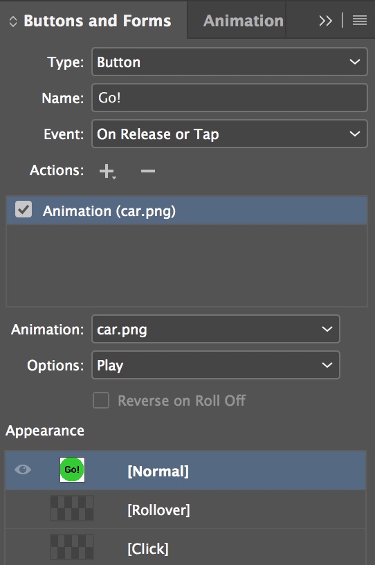 Screen capture of Buttons and Forms panel in InDesign