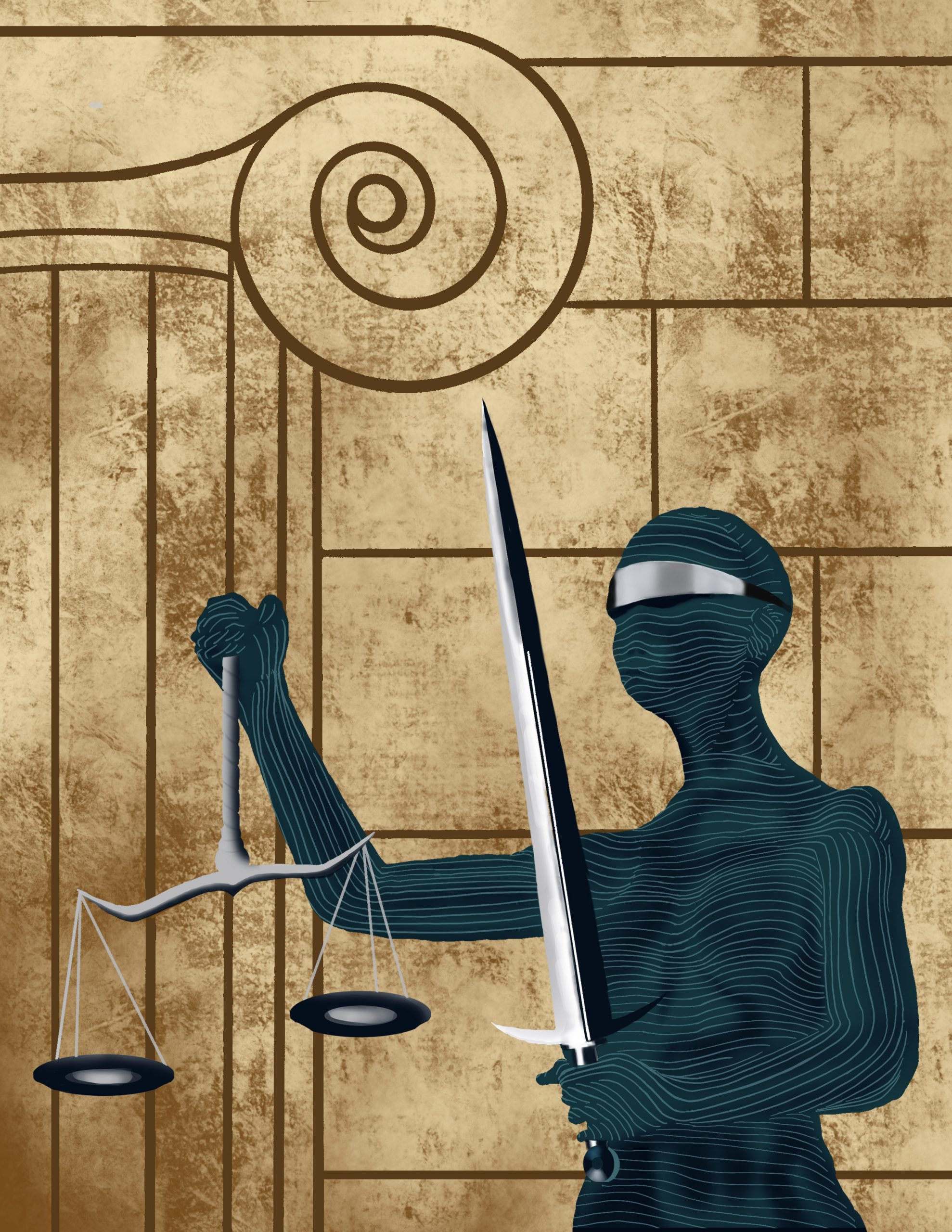 Illustration of blind justice statue with scales