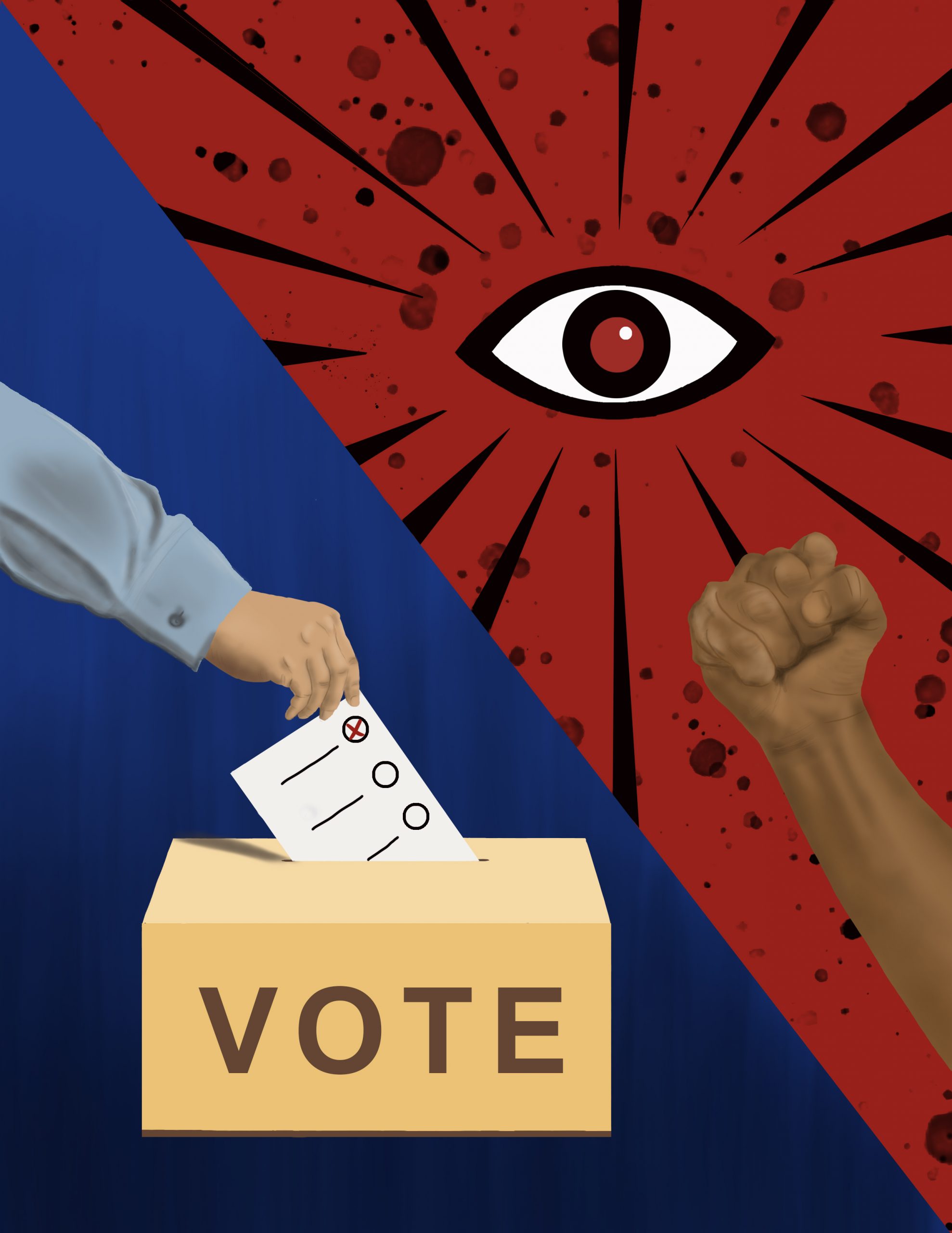 Illustration of voting box and fist raised to eye