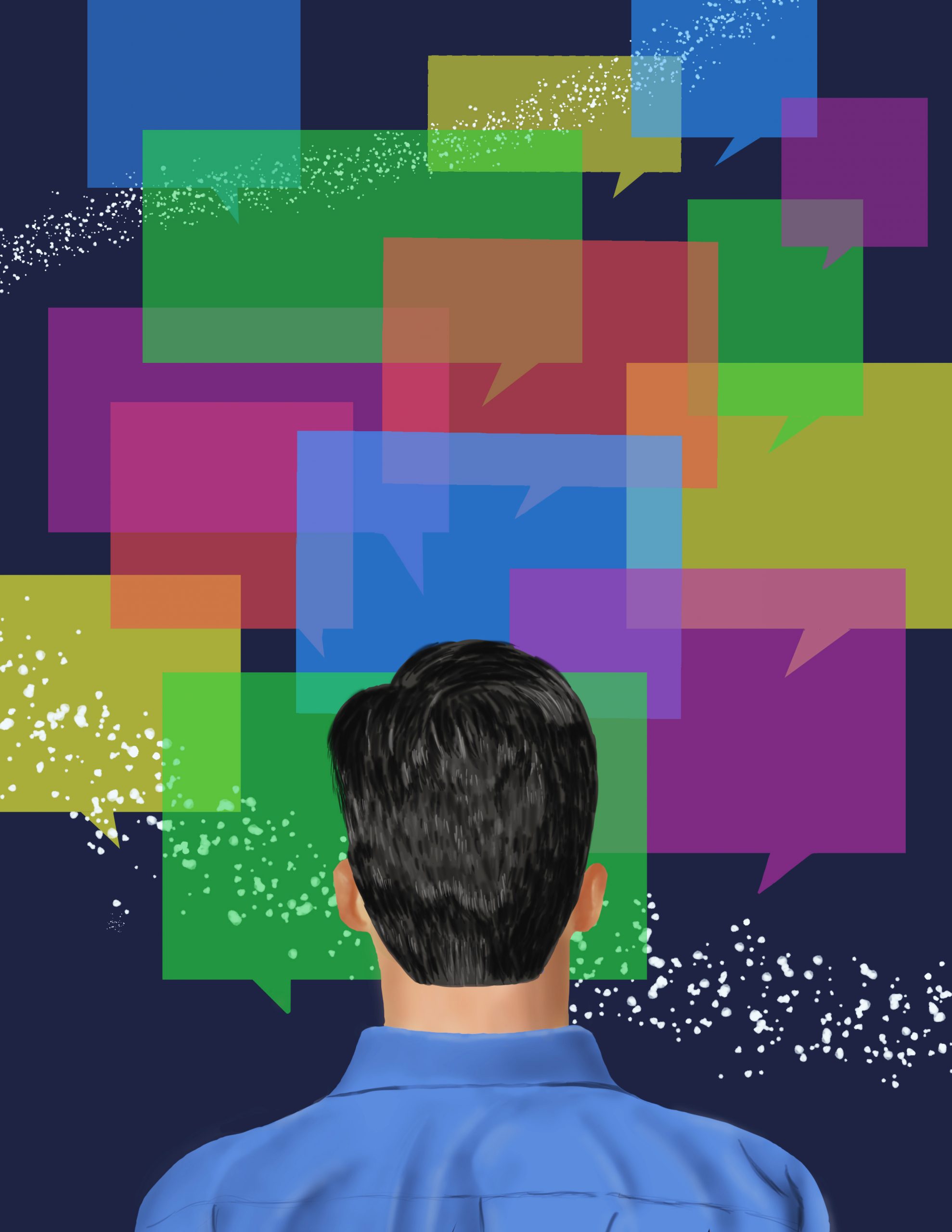 Illustration of back of man's head with multicolour speech bubbles in front of him