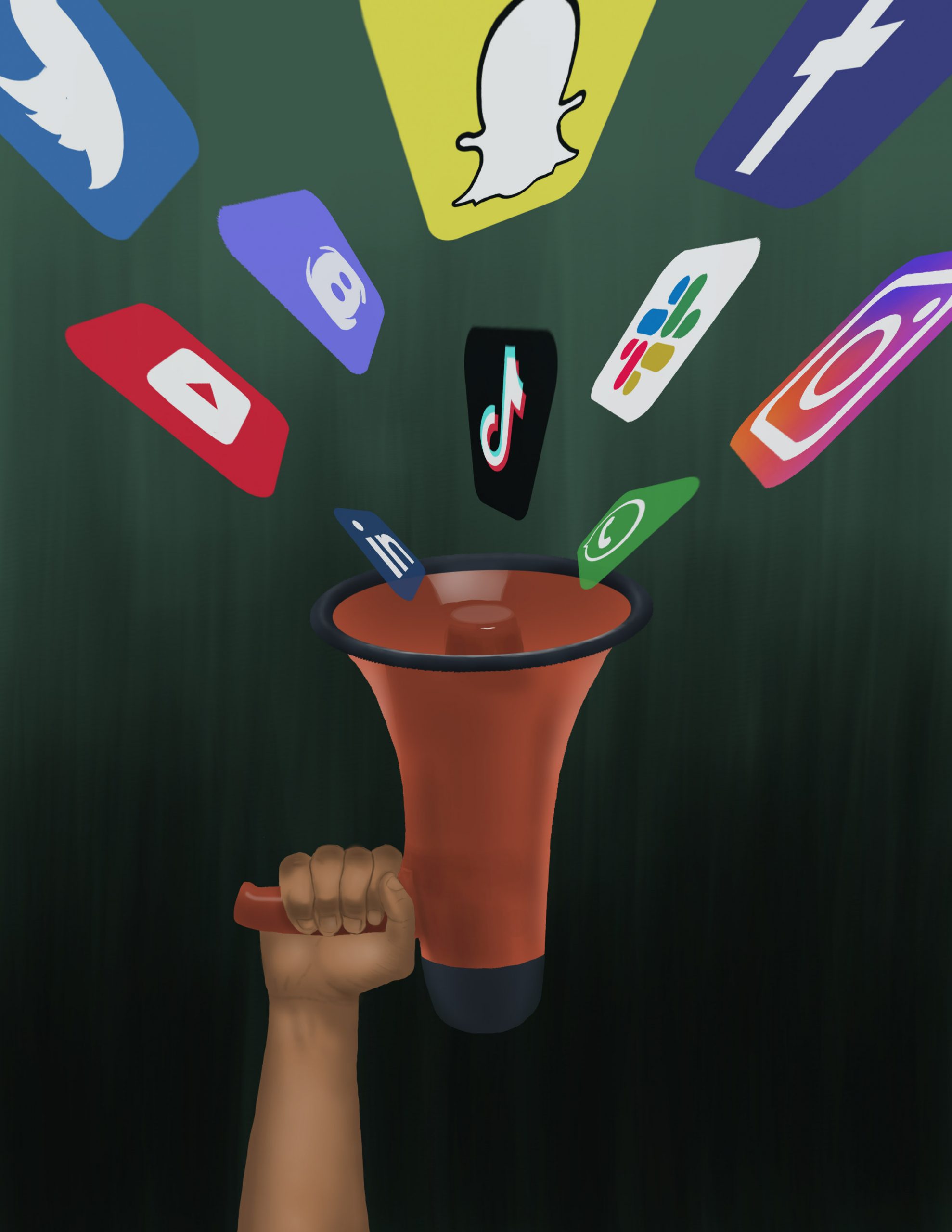 Illustration of megaphone held skyward with social media icons flying out
