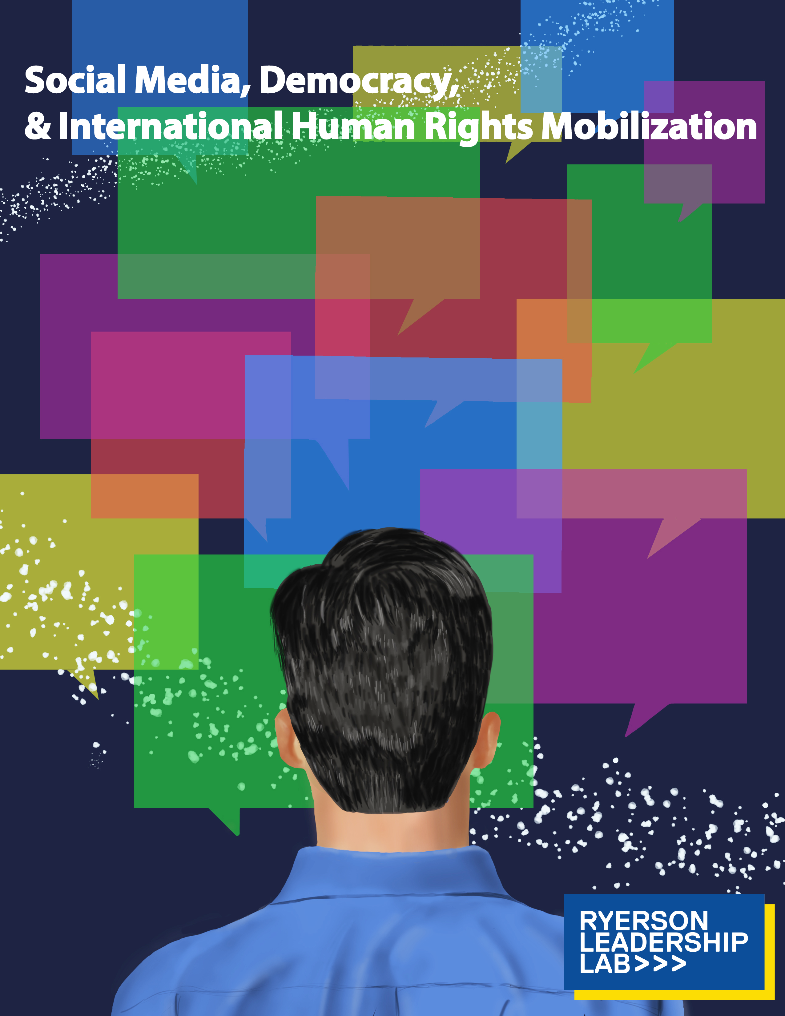 Illustration of back of man's head with multicolour speech bubbles in front of him