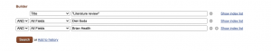 A Search box with the terms “literature review” in the Title field and Diet Soda and Brian Health in the All Fields field.