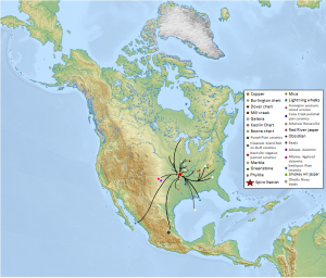 This is a detailed map of North America with a series of arrows representing the movement of 26 different types of trade goods from across the eastern, southern, and south-western areas of the continent to the Spiro Nation located in present-day Oklahoma. Some arrows are shorter (e.g. travelling from Southern Illinois to Spiro), while others are much longer (e.g. travelling from the Gulf of California to Spiro).