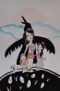 Young woman with shadow of shawl dancer behind her standing with two young children