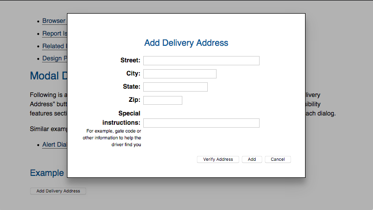 Example of a modal dialog, appearing over greyed content behind the dialog.