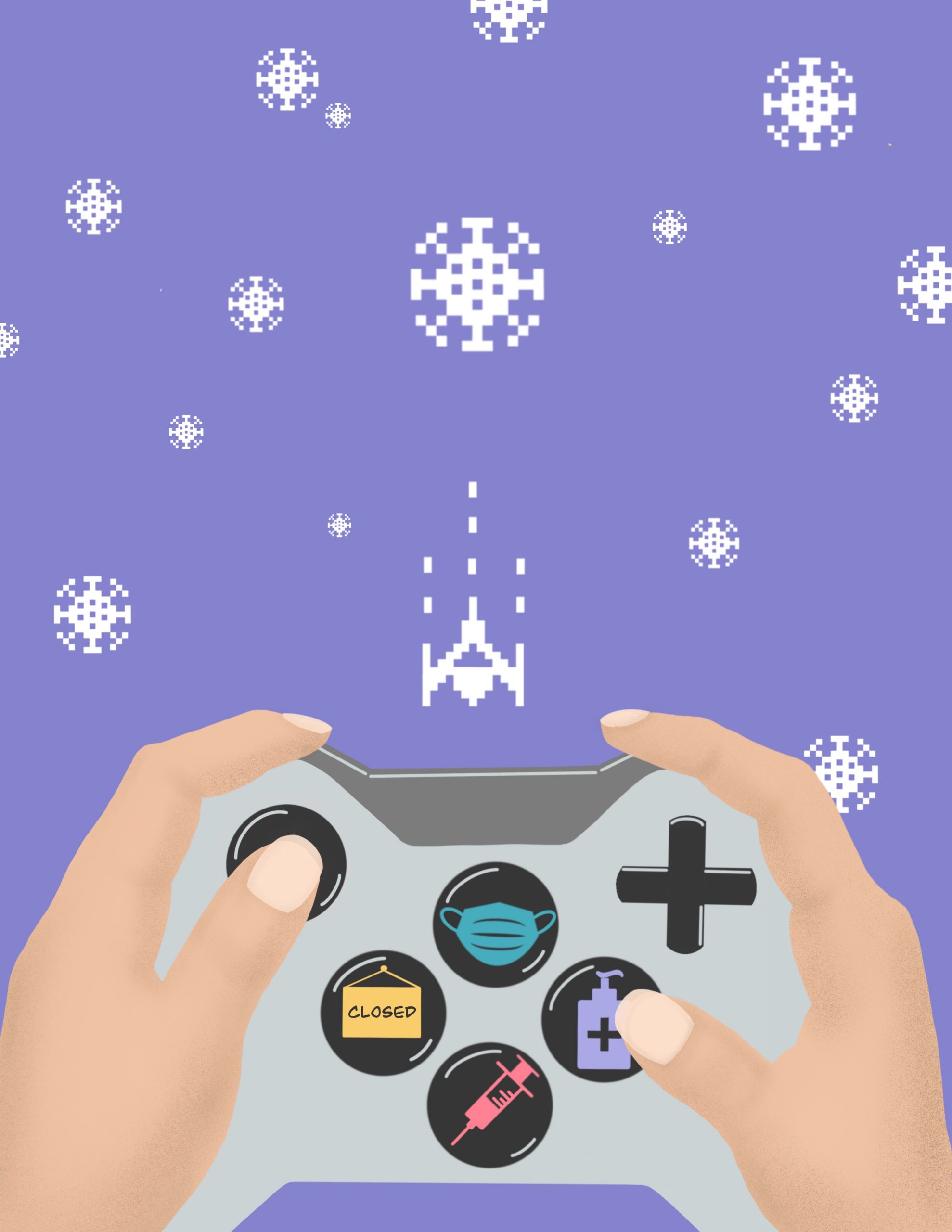 Illustration of video game controller being used to shoot COVID-19 viruses