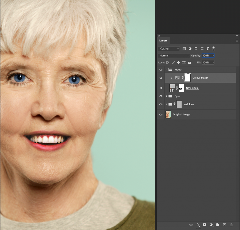 Photoshop screen capture demonstrating the layers order and the replacement of the model small with somebody's else