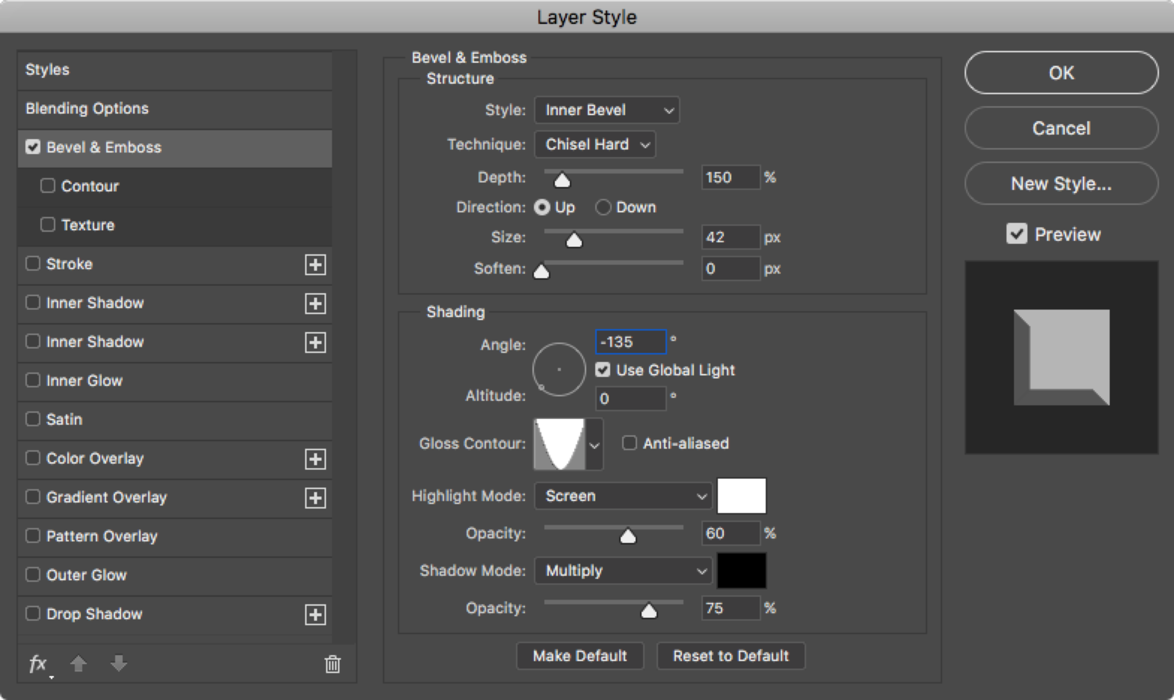 Screen capture of Layer styler panel. The configurations should look like this: Structure style set to Inner Bevel. Technique set to Chisel Hard. Depth set to 150. Direction set to Up. Soften set to 0. In the Shading section, Angle set to -135 degrees, with Global Light option activated, Altitude set to 0, Gloss Contour set to Cone Inverted, Highlight Mode set to Screen white, with 60% opacity. Shadow Mode set to Multiply, black, with 75% opacity.