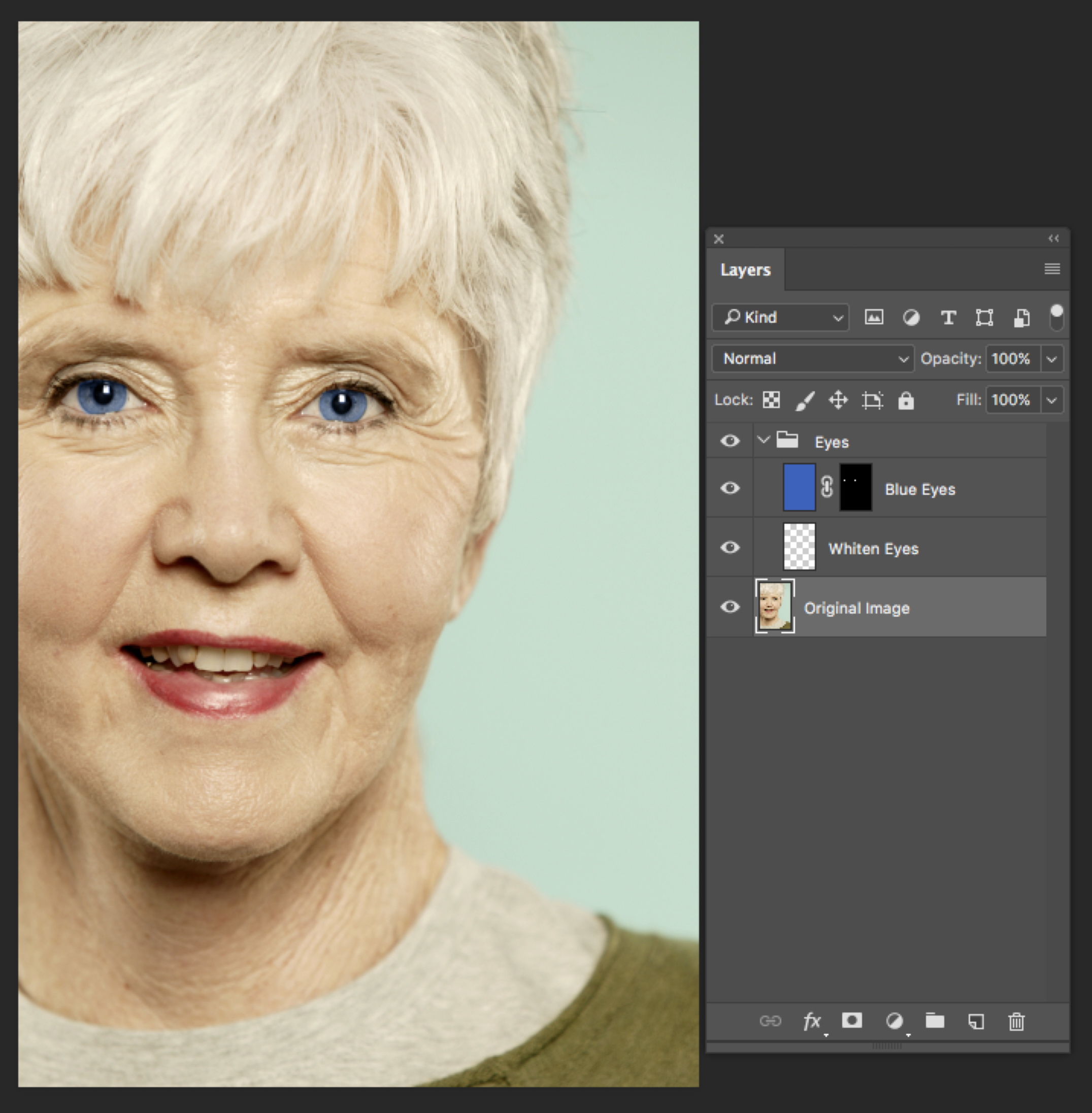 Photoshop screen capture demonstrating the layers order and the result of the eyes color changing.