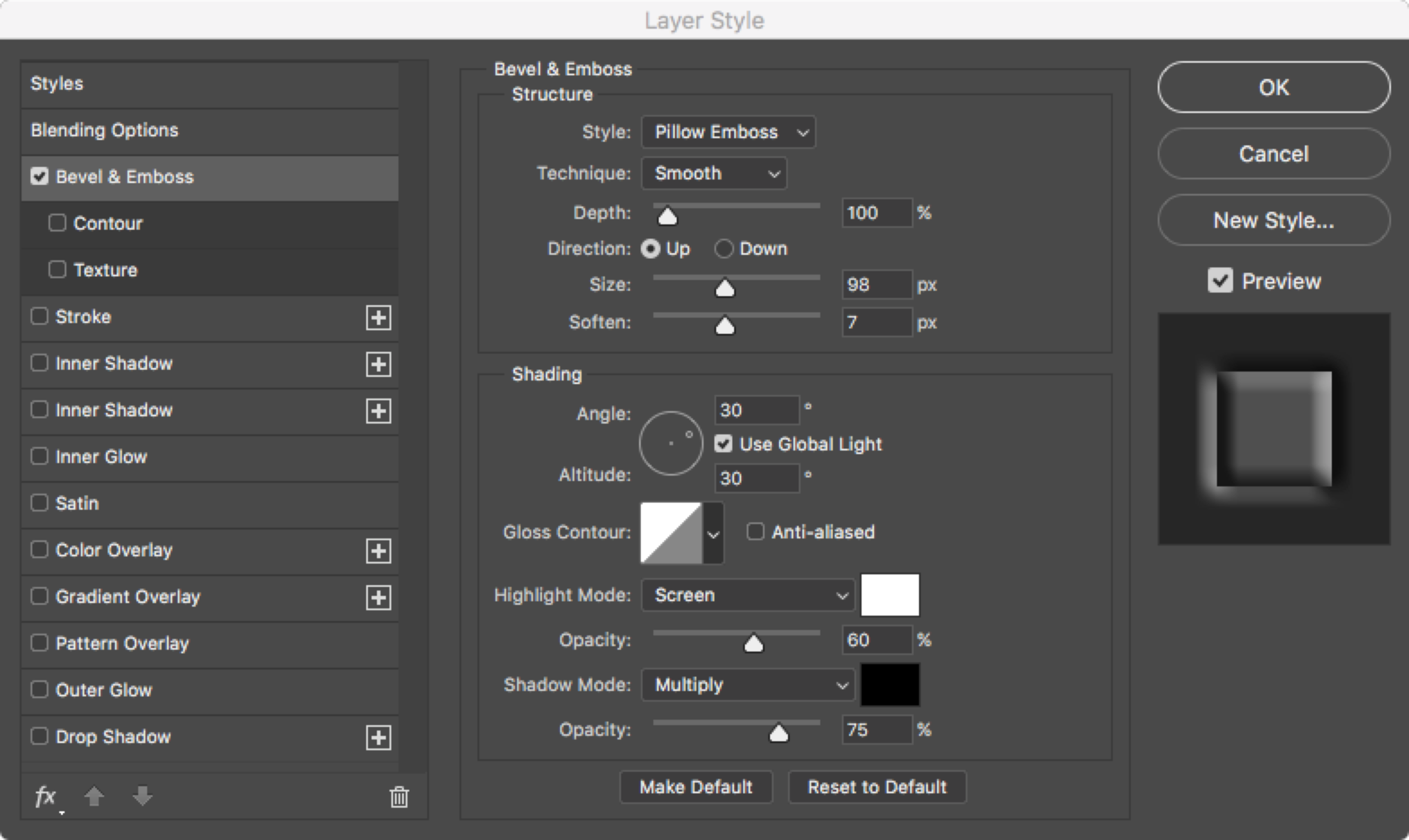 Screen capture of Layer styler panel. The configurations should look like this: Structure style set to Pillow Emboss. Technique set to Smooth. Depth set to 100. Direction set to Up. Size set to 98. Soften set to 7. In the Shading section, Angle set to 30 degrees, with Global Light option activated, Altitude set to 30 degrees, Gloss Contour set to linear, Highlight mode set to Screen, white, with 60% opacity. Shadow mode set to Multiply, black, with 75% opacity.