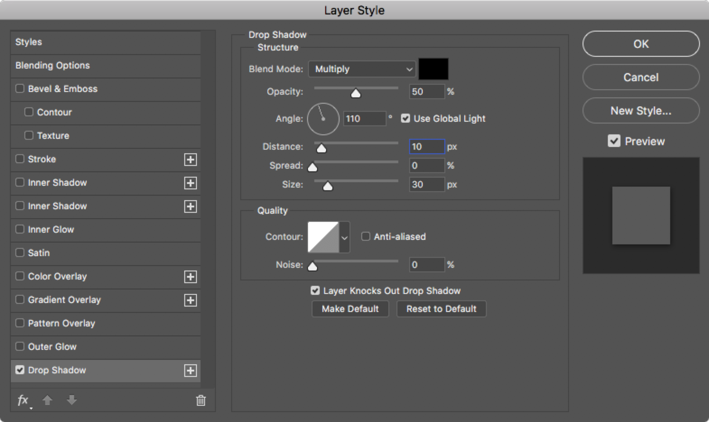 Layer style panel. The configurations should look like this: In Structure, Multiply set to Multiply, black, with 50% opacity, Angle set to 110 degrees, with Global Light option activated, Distance set to 10, Spread set to 0, Size set to 30. In Quality section, Contour set to linear and Noise set to 0. The option "Layer Knocks Out Drop Shadow" should be activated.