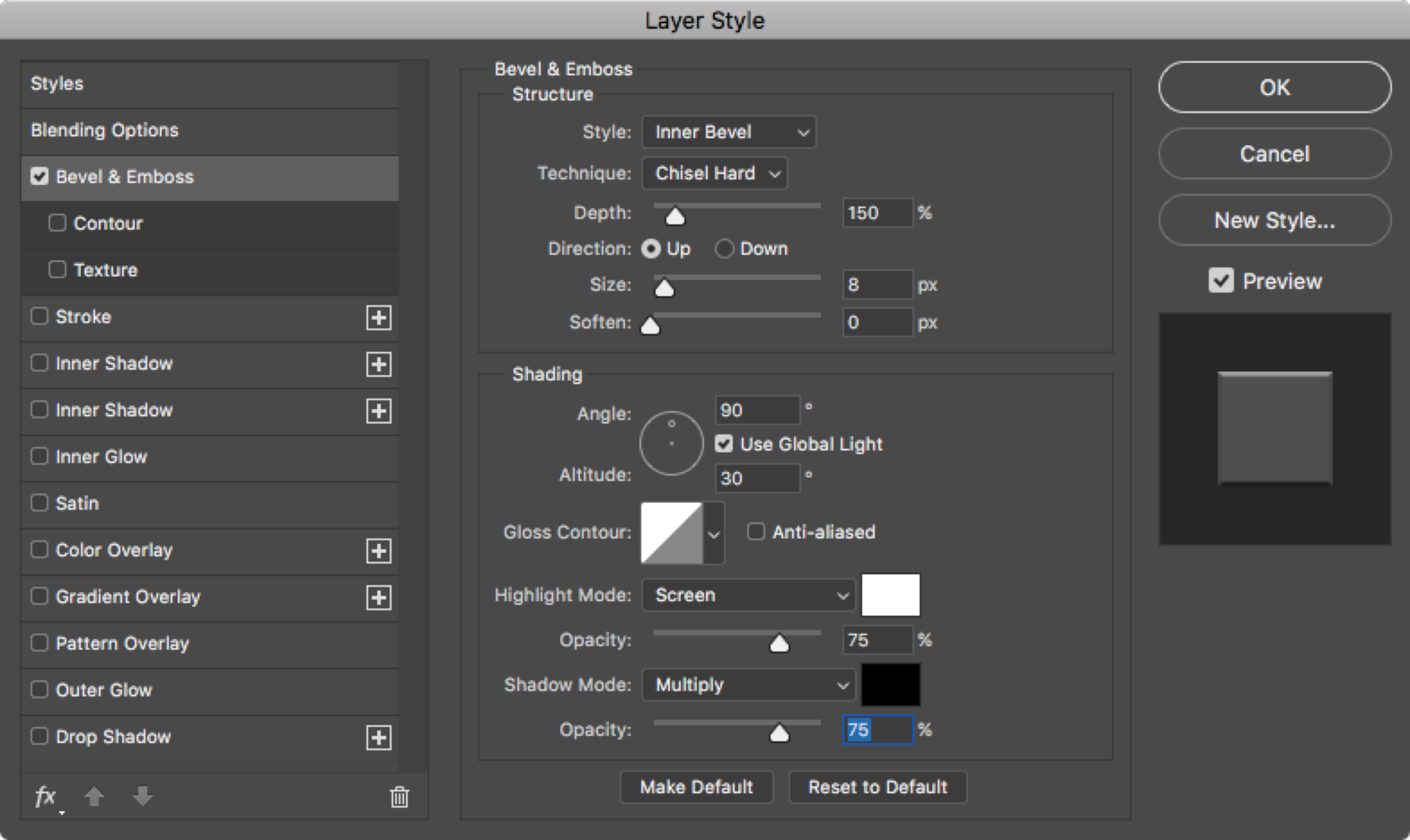 Screen capture of the layer style panel. The configurations should look like this: Style set to Inner Bevel. Technique set to Chisel Hard. Depth set to 150%. Soften set to 0. In the Shading area, Angle set to 90 degrees, Global Light activated, Altitude set to 30º, Gloss Contour set to linear, Highlight Mode set to Screen, white, with 75% of opacity. Shadow Mode set to Multiply, black, with 75% of opacity.