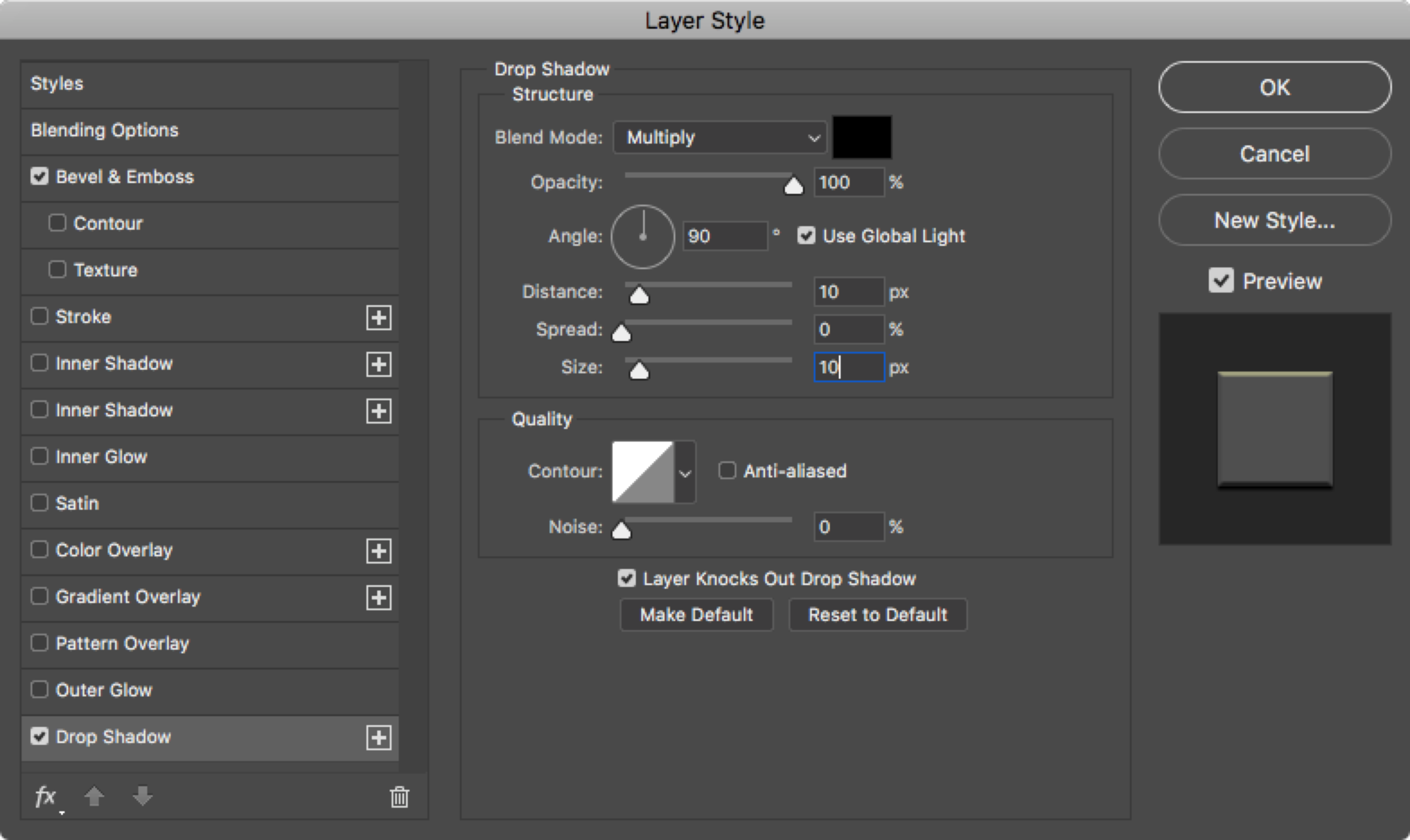 Screen capture of Layer styler panel. The configurations should look like this: Blend Mode set to Multiply, black, with 100% opacity. Angle set to 90 degrees, Spread set to 0, Size set to 10. In the Quality area, contour set to linear and noise set to 0. The option "Layer Knocks Out Drop Shadow" must be activated.