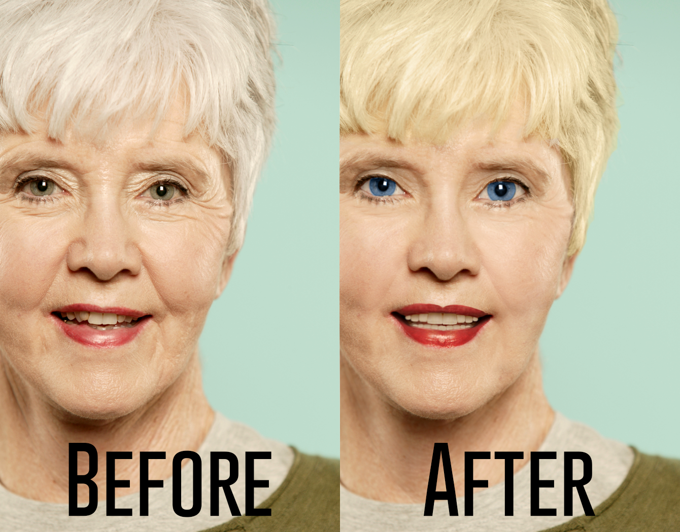 Before and after of the model's face edited