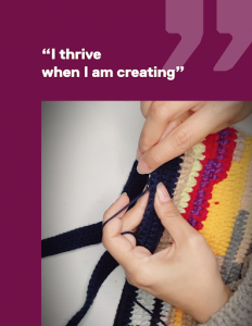 Hands are crocheting. Text reads "I thrive when I am creating".