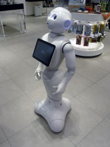 Pepper the customer service robot - Public Domain Image under CC0 licence https://commons.wikimedia.org/wiki/File:SoftBank_pepper.JPG Pepper - the customer service robot