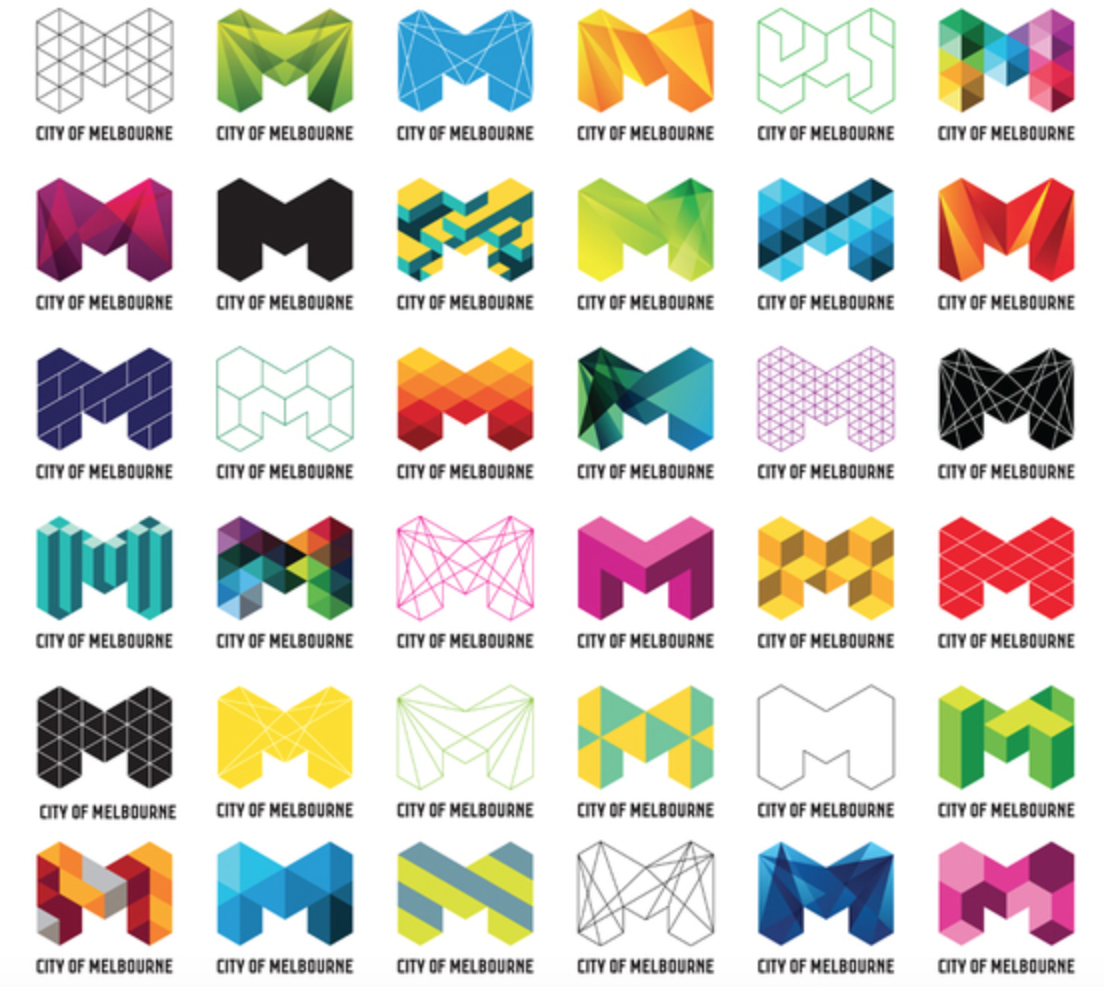 The City of Melbourne’s identity system and various iterations of its logo