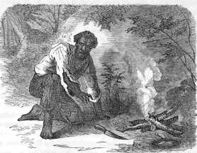Harry crouching near a campfire