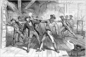 Men fighting in a barn