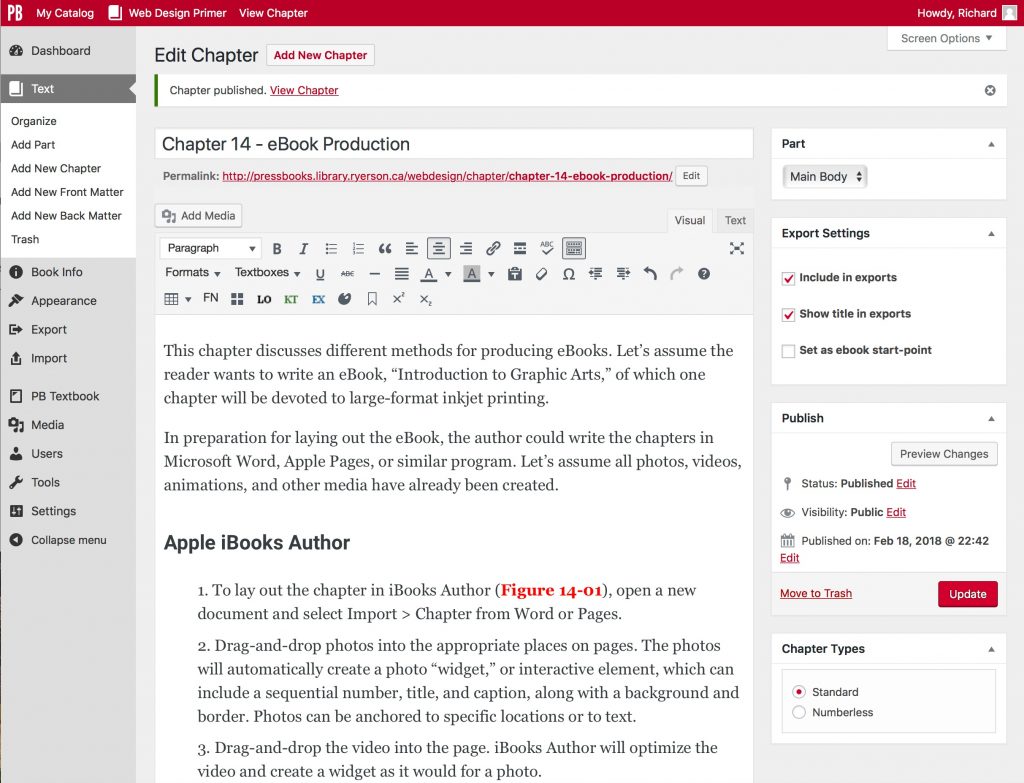 Wordpress Pressbooks online layout for editing a chapter.