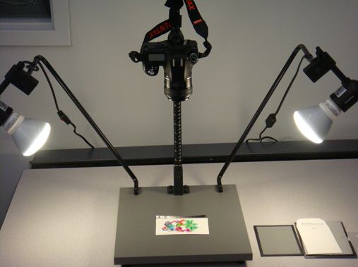 A copy stand is useful for photographing flat objects. Two lights at 45° angles help reduce glare from the subject’s surface.