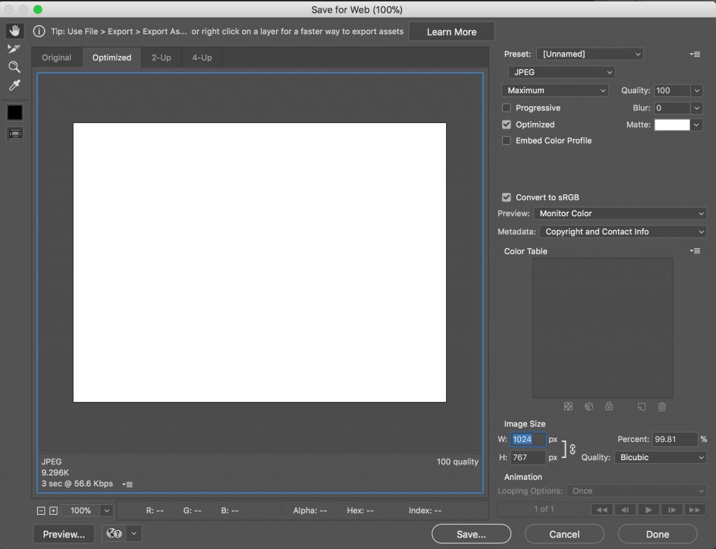Screenshot of Photoshop’s Save for Web dialog box