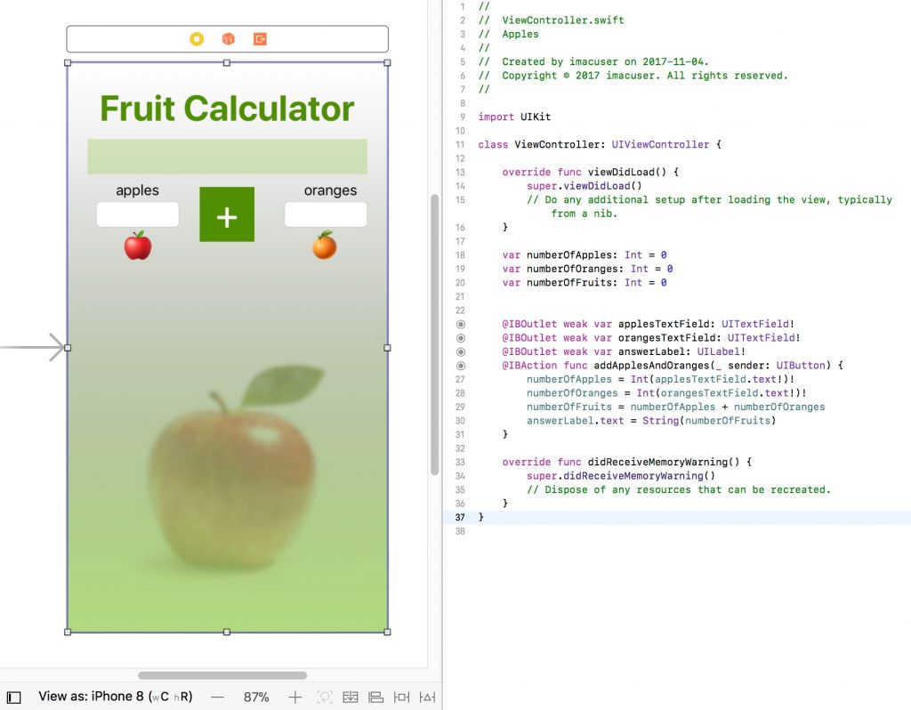 Screenshot of interface of Apple Xcode. The Storyboard with screen layout is shown at left and the ViewController with code at right.