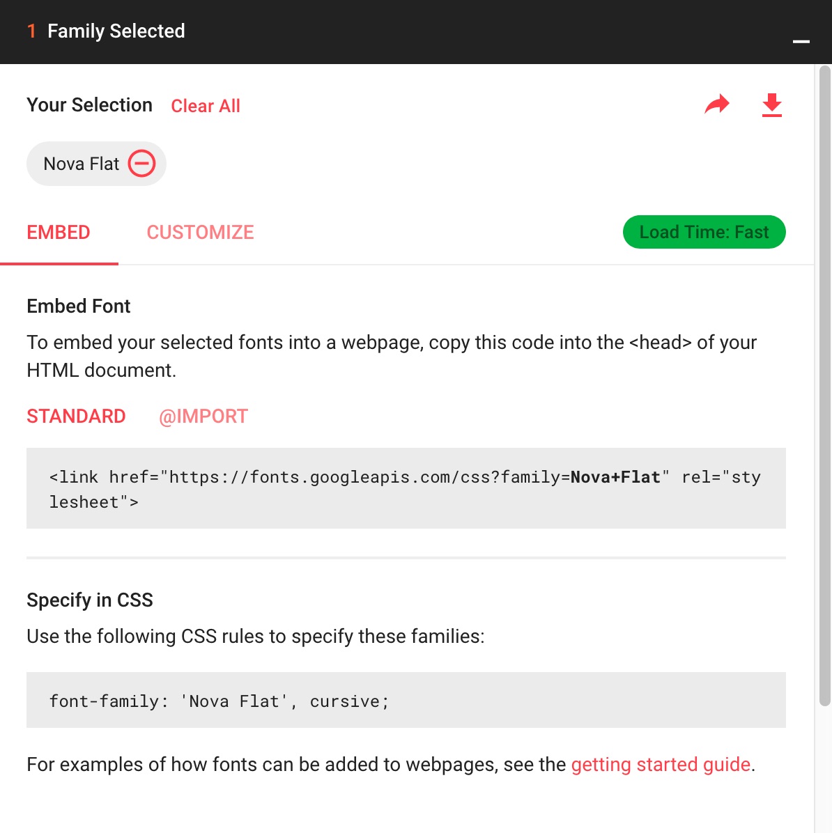 Example of embed option for font faces on Google Fonts