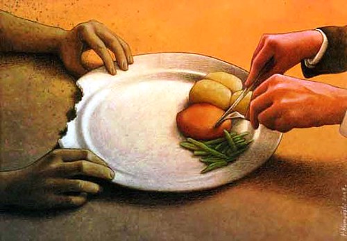 An artistic illustration showing hands of different skin tones interacting over an empty bowl, depicting the unequal sharing of resources.