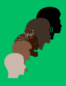 Five cascading silhouettes showing profiles of Black people in a range of skin tones from dark to light brown.
