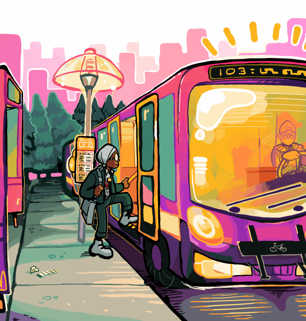 A visually impaired Black person in a work uniform and head wrap boards a city bus using the safety rail. The scene includes a tactile street button, bus schedule, and a brightly lit bus interior. The background is filled with evergreen trees and pink-toned skyscrapers.