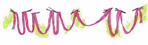 Digital drawing of a dark pink ribbon held up by floating dark brown branches. The ribbon is draped haphazardly, backdropped with splotches of bright green paint texture.