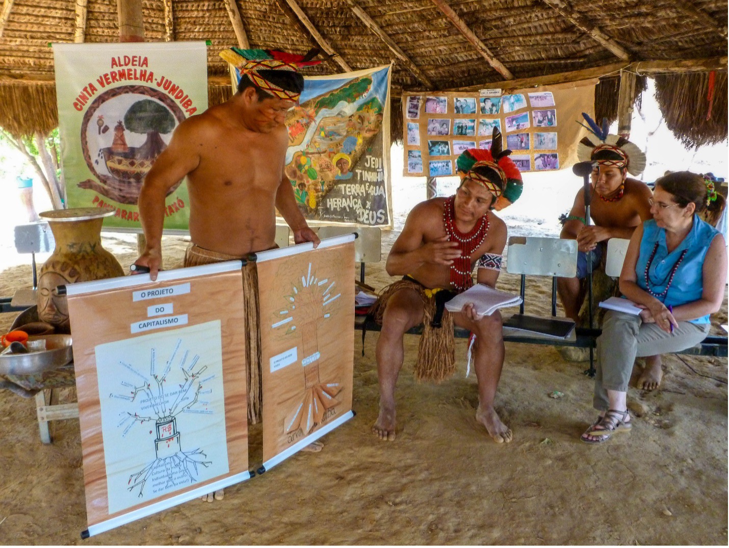 Ytxay Pataxó explaining to Cecilia Rocha the significance of Buen Vivir for the Cinta Vermelha-Jundiba village, 2012