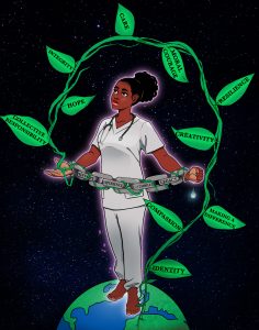 A nurse with a chain on her arms surrounded by a green vine. Detailed description in the text above.