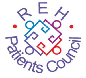 A logo for the REH Patients Council. Blue, purple, and red shapes of people itnersect with the text, REH Patients Council surrounding the shapes in a circle.