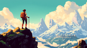 Hiker overlooking a mountain in the distance.