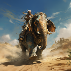 Man riding an elephant in the desert.