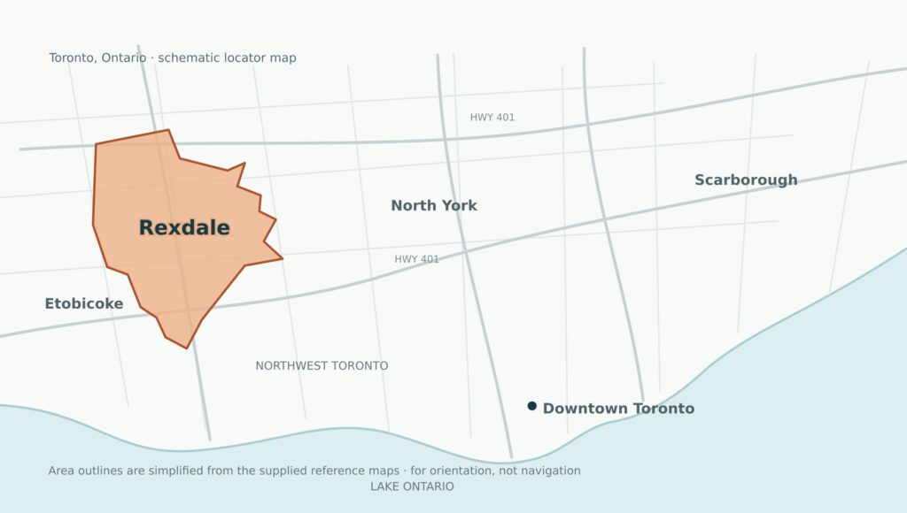 Map highlighting Rexdale in northwest Toronto, west of North York.