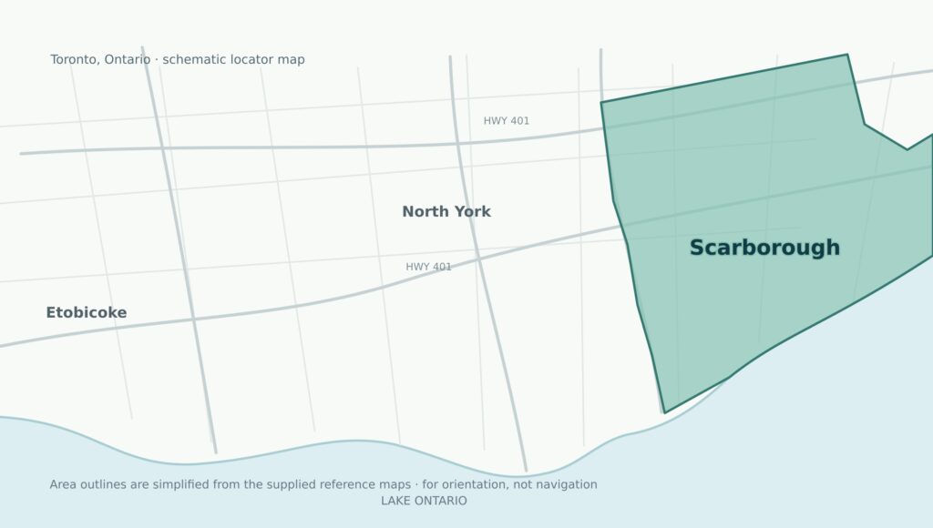 Map highlighting Scarborough in eastern Toronto along Lake Ontario.