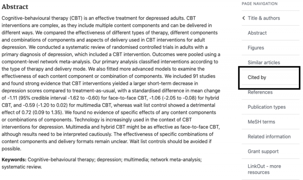 Search result of a psychiatry article has a “cited by” link that allows users to conduct citation searching.