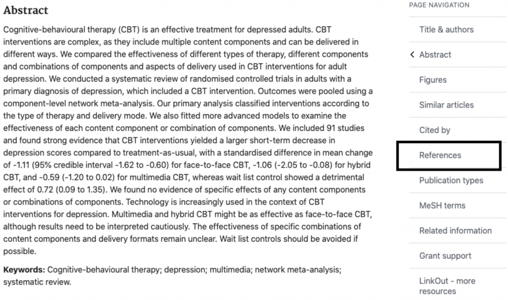 Example of the backward citation searching technique in PubMed. Look at the Reference section to find more articles.