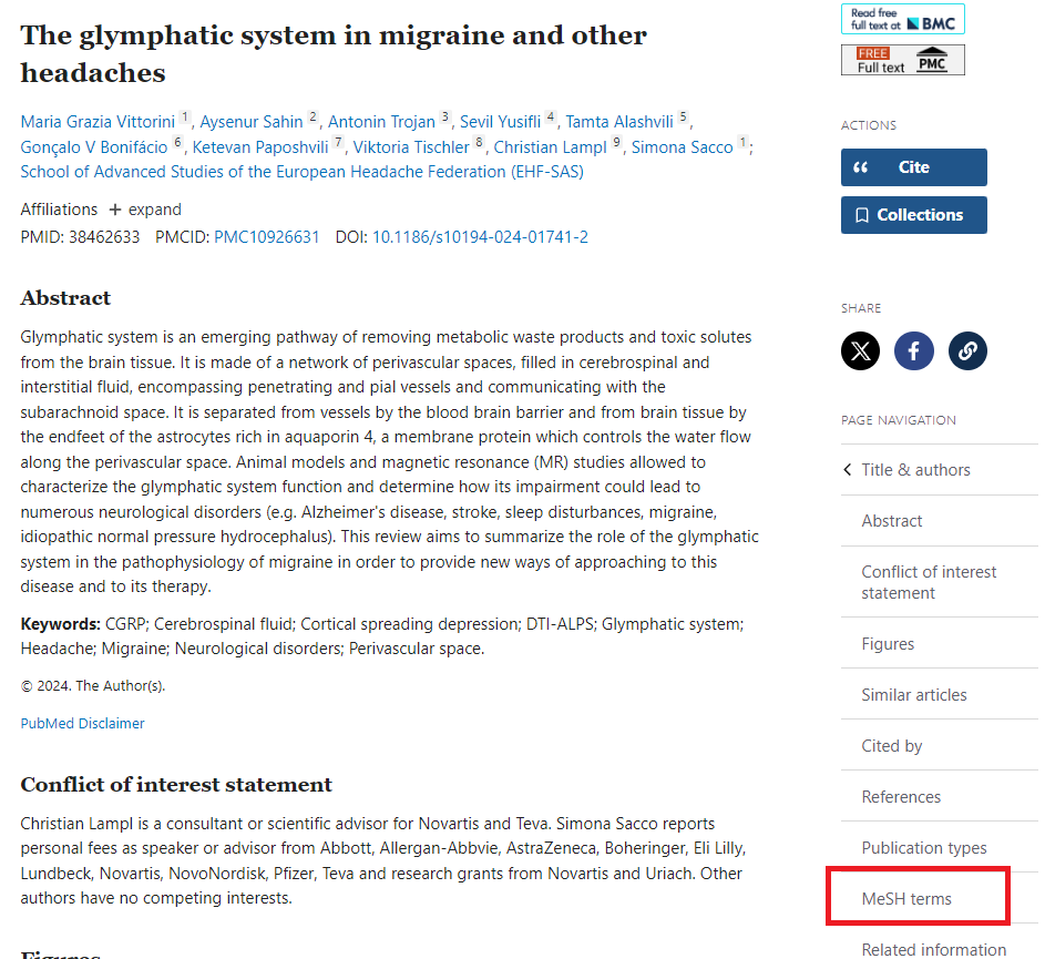 An article from PubMed provides the MeSH terms in the section “MeSH”