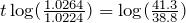 t\log(\frac{1.0264}{1.0224})=\log(\frac{41.3}{38.8})